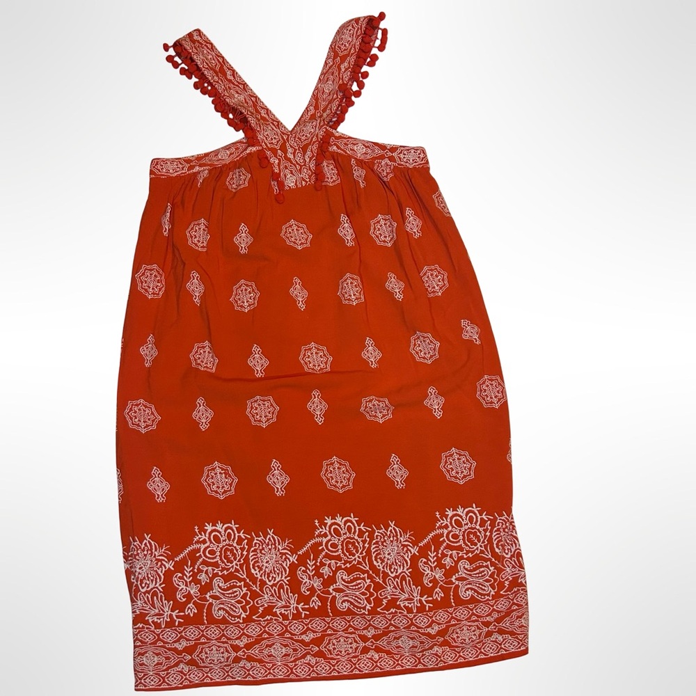 LOFT Petites Orange Bandana Print Sundress with Pom-Pom Trim | Size XSP - Picture 6 of 9